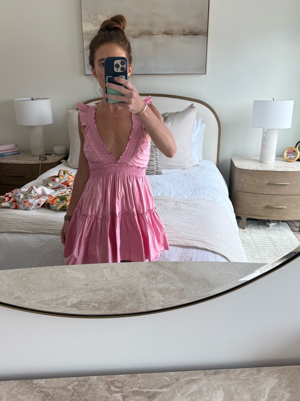 LoveShackFancy Pink Ruffled V-Neck Mini Dress